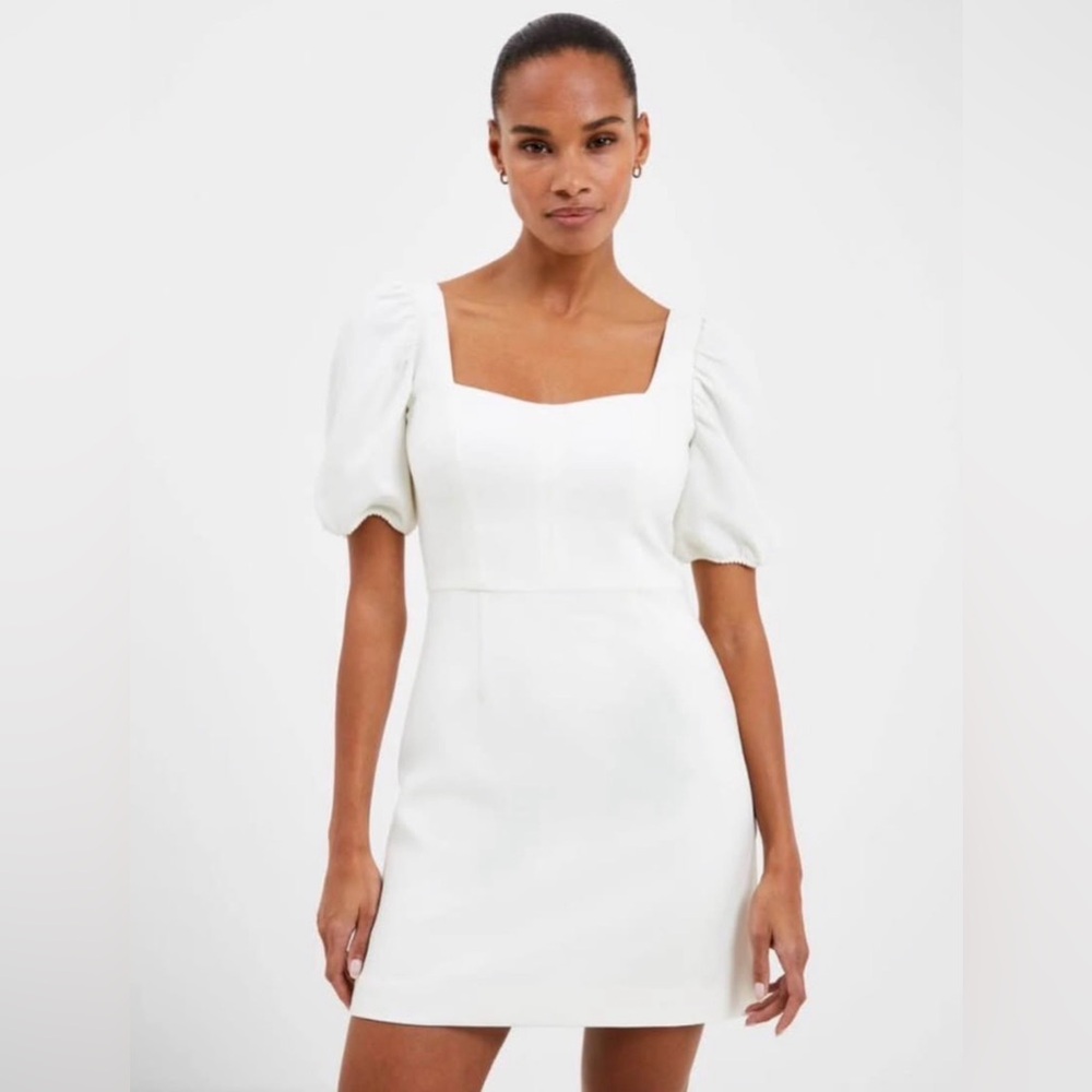 French Connection White Midi Dress with Puff Sleeves